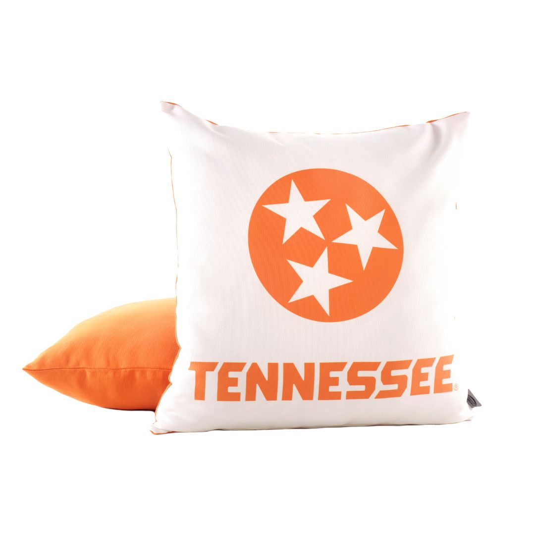 Tennessee Volunteers Tri Star Pillow. White pillow with orange circle and three stars design, featuring the word 'Tennessee'.
