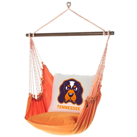 Orange hammock chair with a pillow featuring the University of Tennessee mascot Smokey logo and 'Tennessee' text on a white background