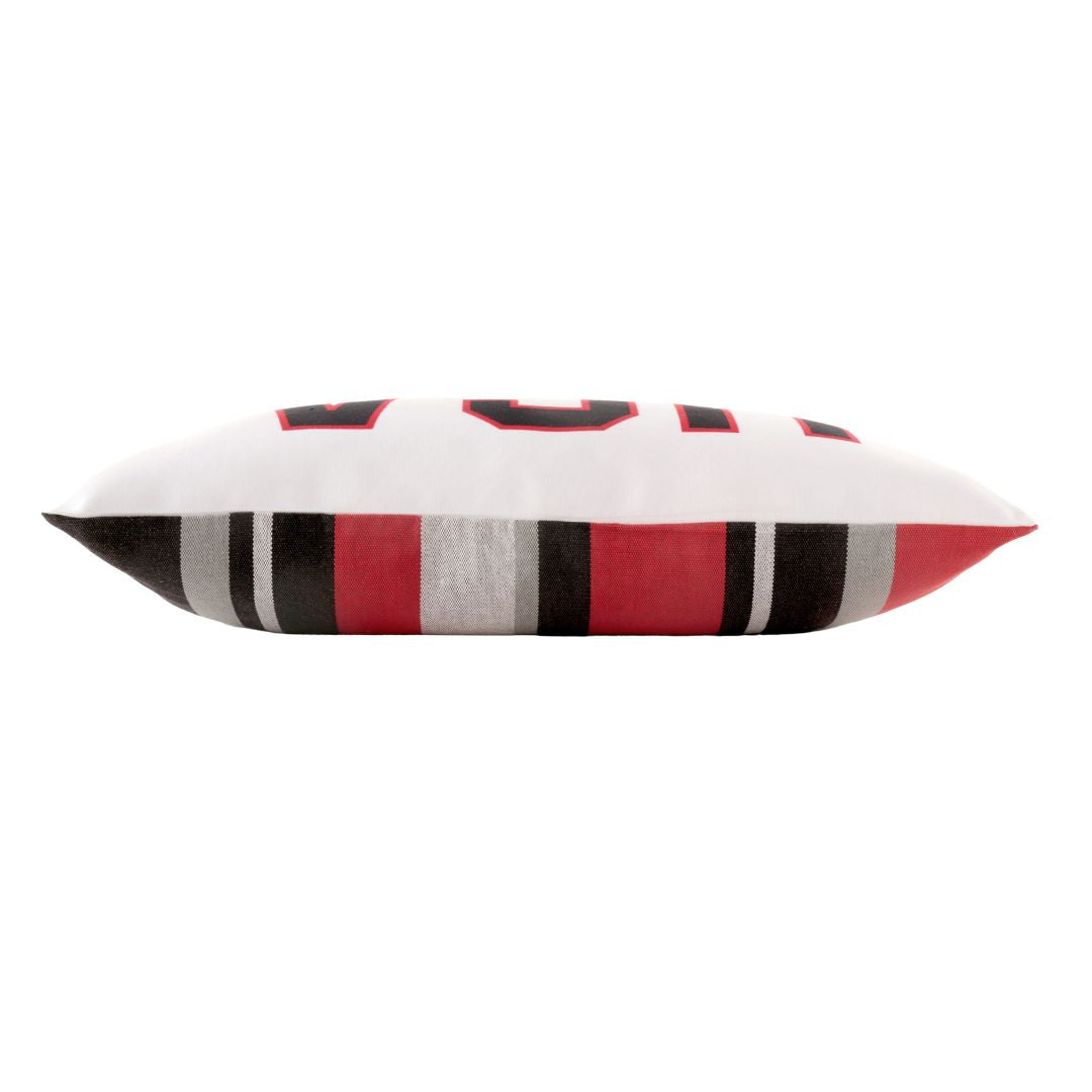 Decorative UGA pillow with black, red, and gray stripes on a white background