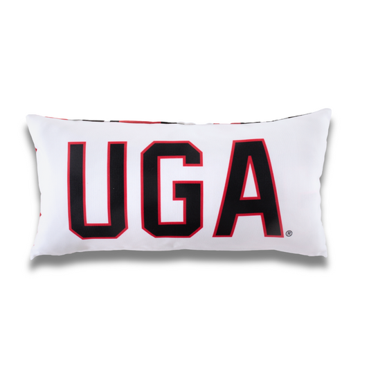 UGA Bulldogs pillow. White pillow with 'UGA' in red and black on a white background. 