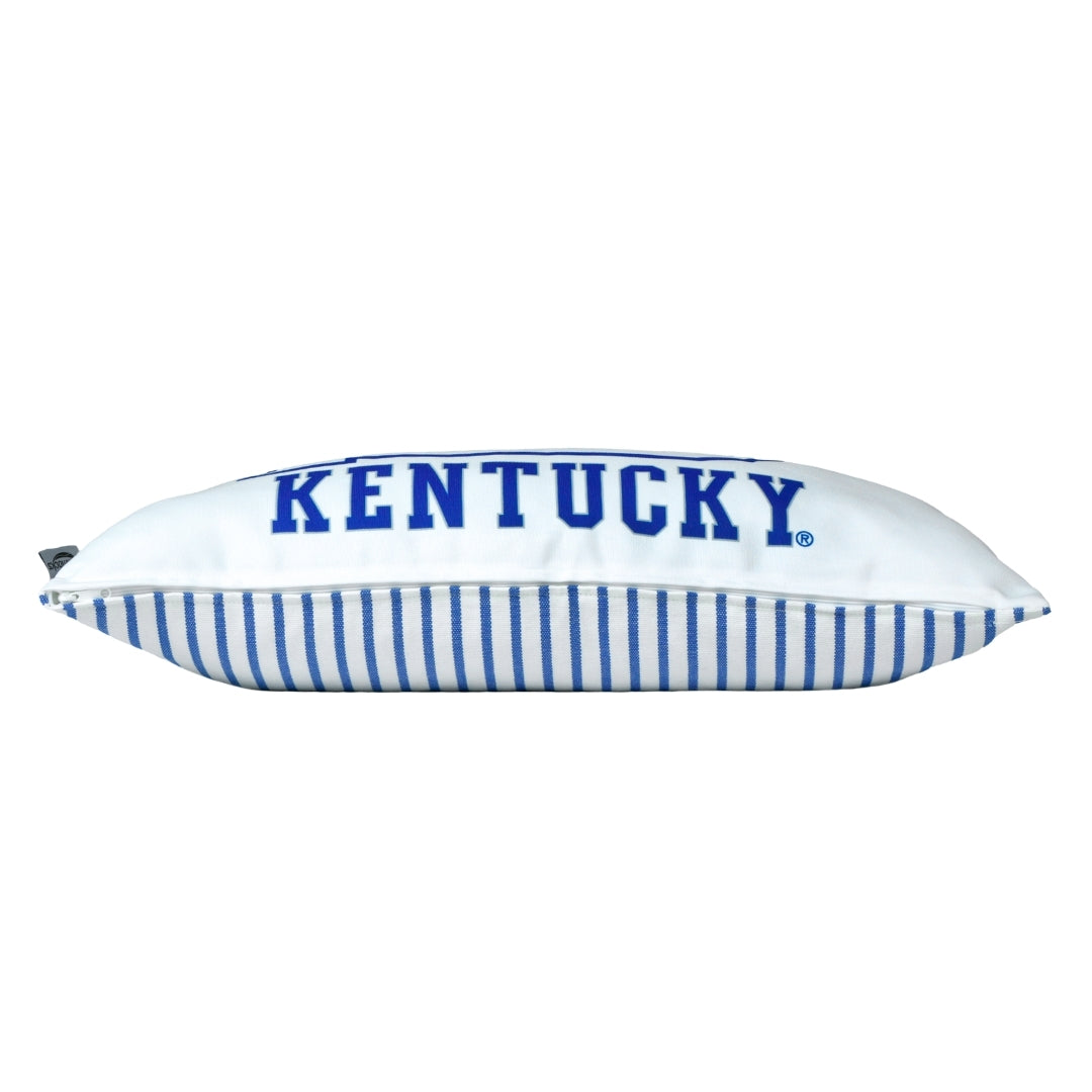 Striped with and blue rectangular pillow with 'Kentucky' text on a white background with zipper