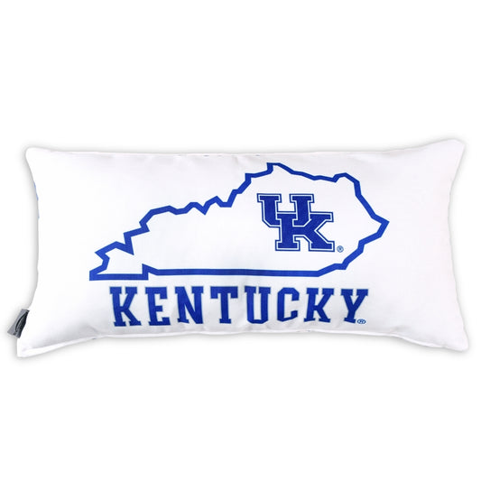 White pillow with blue outline of the state of Kentucky and 'Kentucky' text on a white background