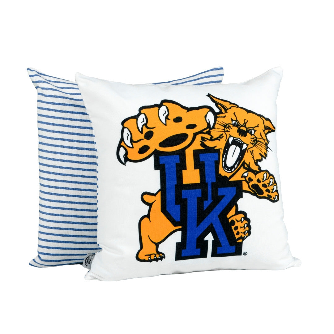 Pillow with UK University of Kentucky logo featuring a Wildcat and striped blue and white pillow behind it on a white background