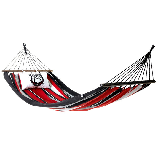 georgia uga bulldogs hammock. Red and black striped hammock with a white pillow on a white background