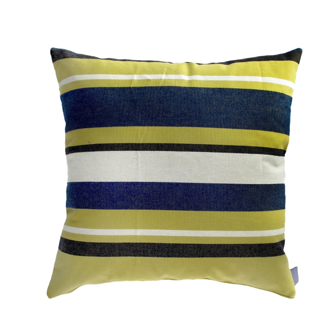 Navy and gold striped pillow cover, back view