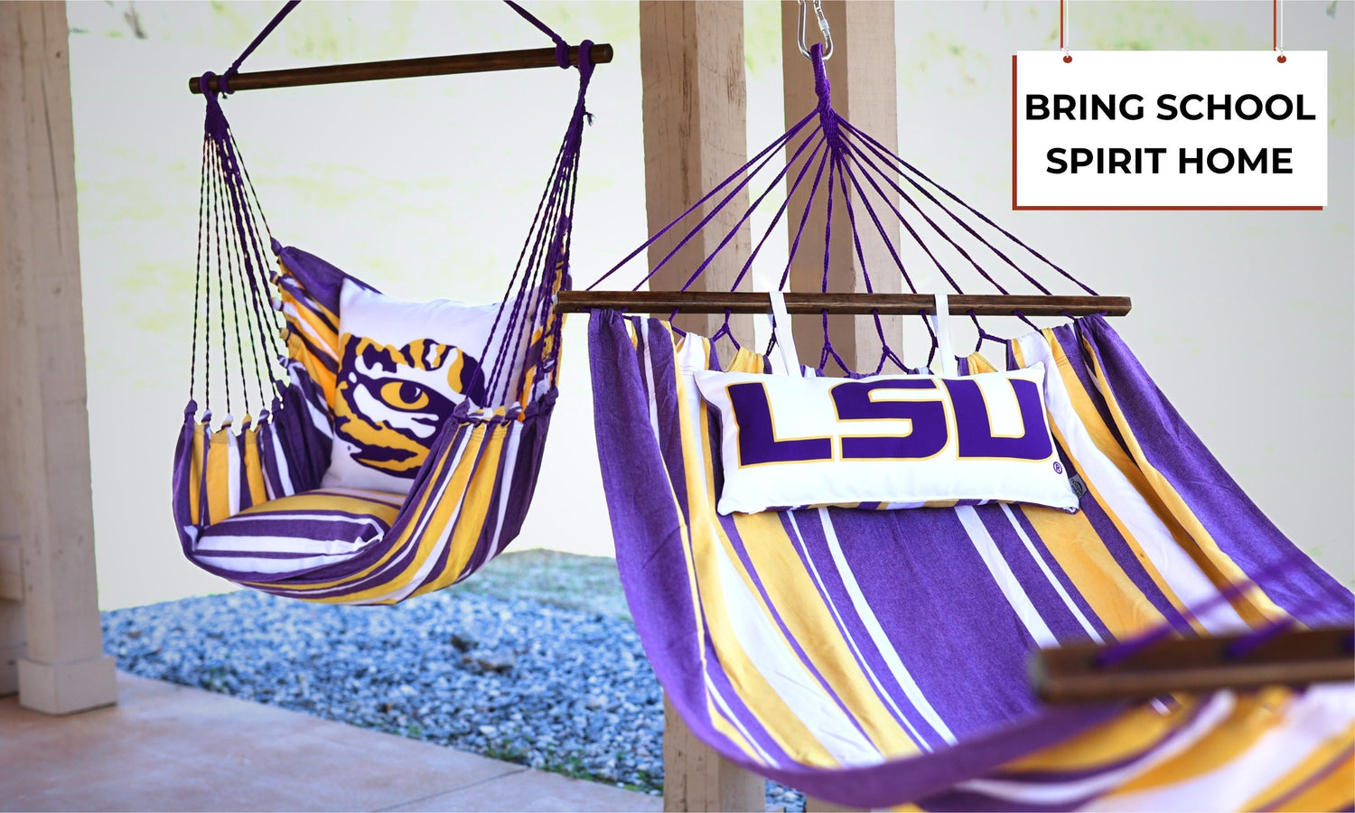 LSU purple and gold hammock and LSU hammock chair displayed outside on a porch.