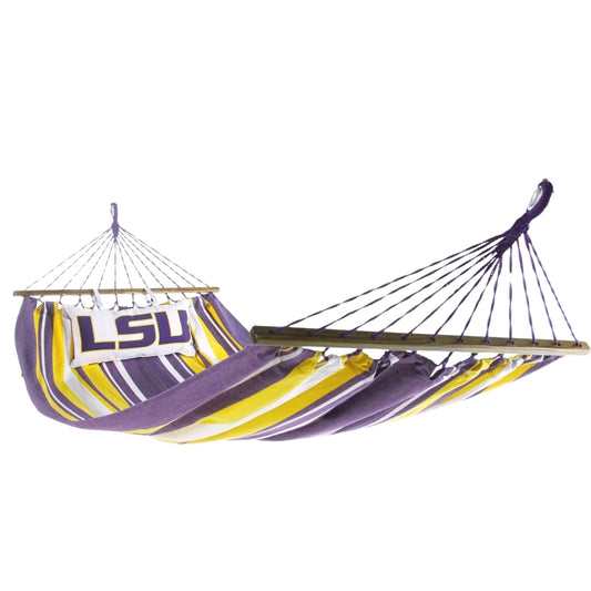 LSU Tigers Logo Hammock with purple and gold stripes on a white background